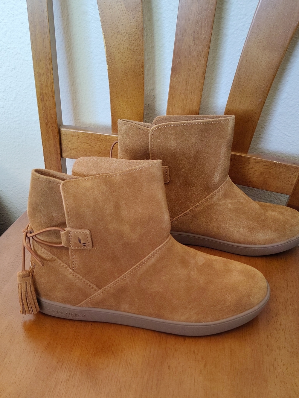 Koolaburra Suede Ankle Booties in Tan with Tassel Detail